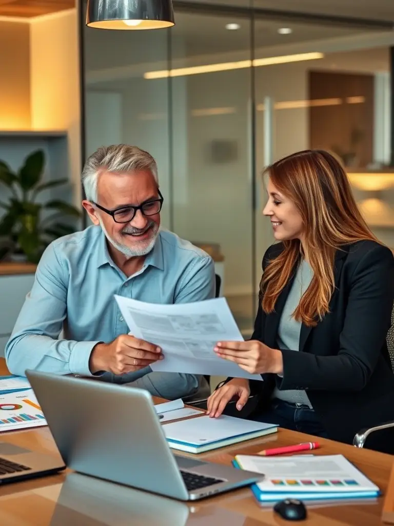 A coach and client engaged in a focused discussion, surrounded by business-related materials, representing Overcoat's personalized coaching approach.