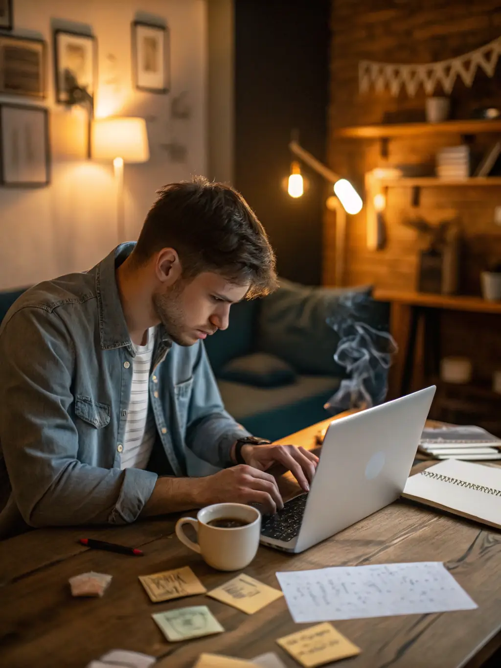 An entrepreneur working on a laptop in a co-working space, looking determined and focused on their business goals.