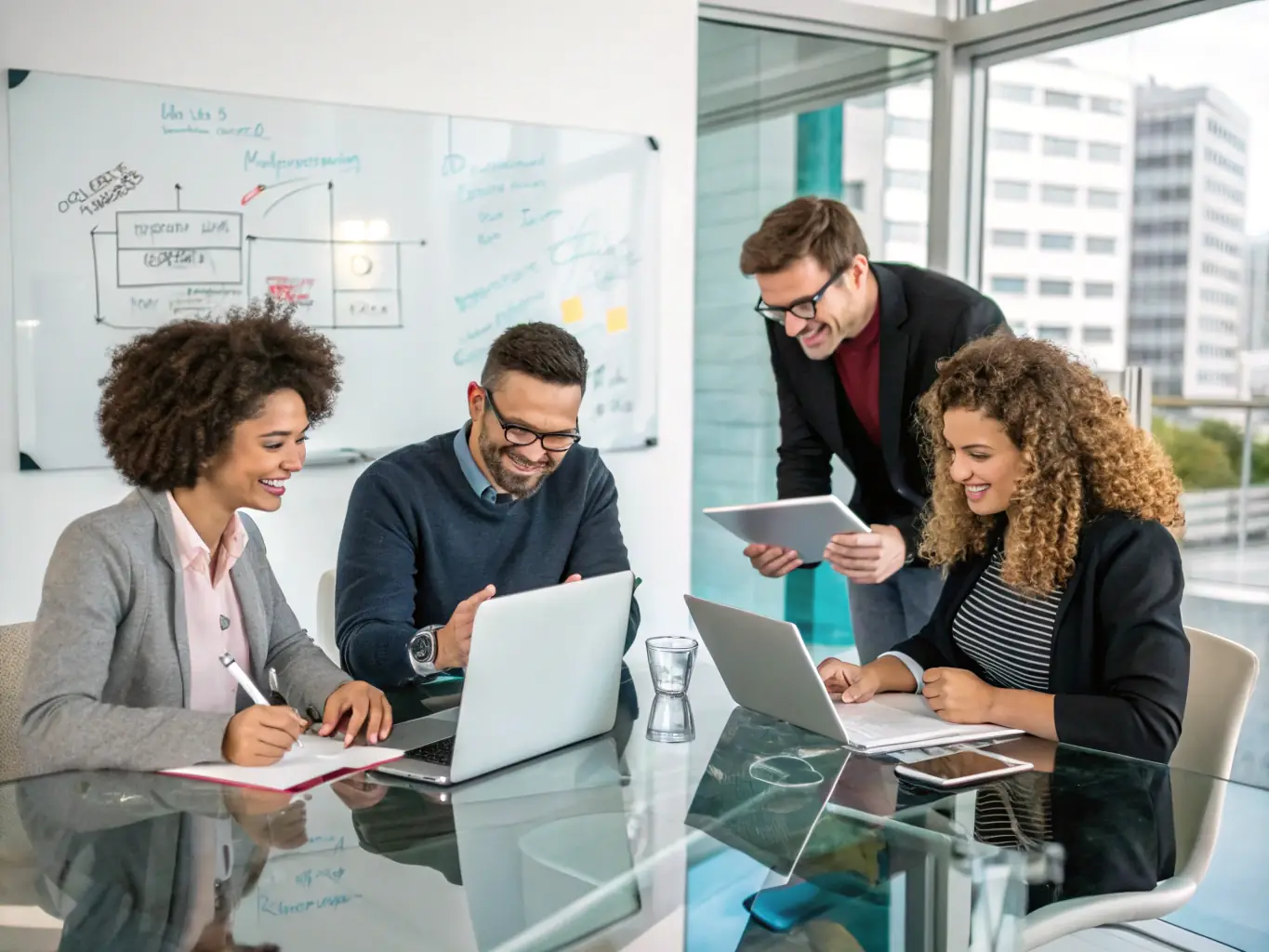 An image of a diverse group of professionals collaborating in a modern office space, symbolizing teamwork and business growth, suitable for the Business Coaching Program.