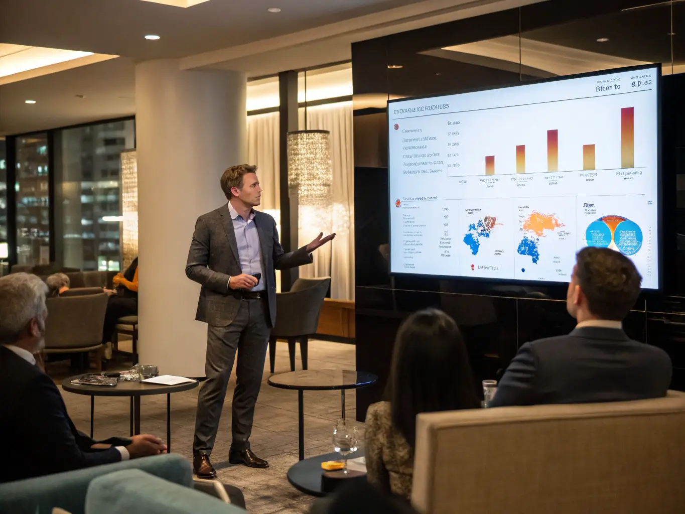 An image of a person confidently presenting business data on a screen, with a coach giving feedback, suitable for the Executive Coaching service.