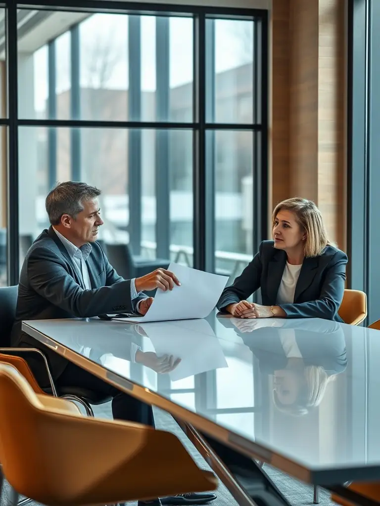A professional business coach in a modern office setting, reviewing financial reports with a client, both smiling confidently.