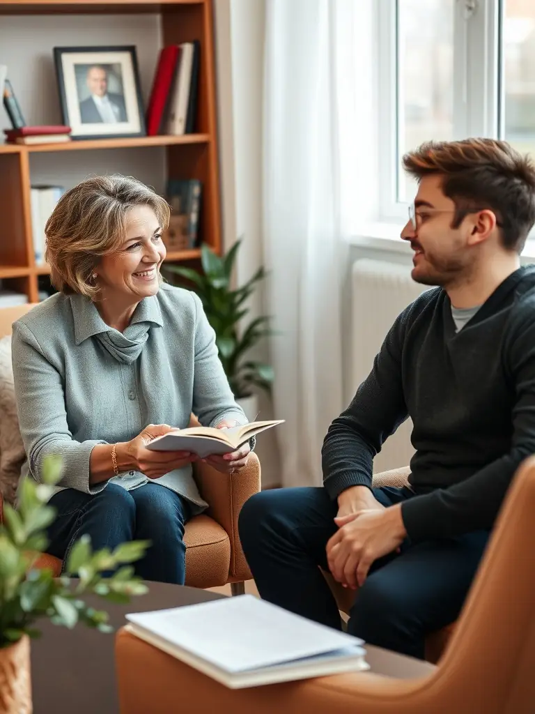 A coach and client engaged in a one-on-one coaching session, discussing career goals and development plans in a relaxed setting.