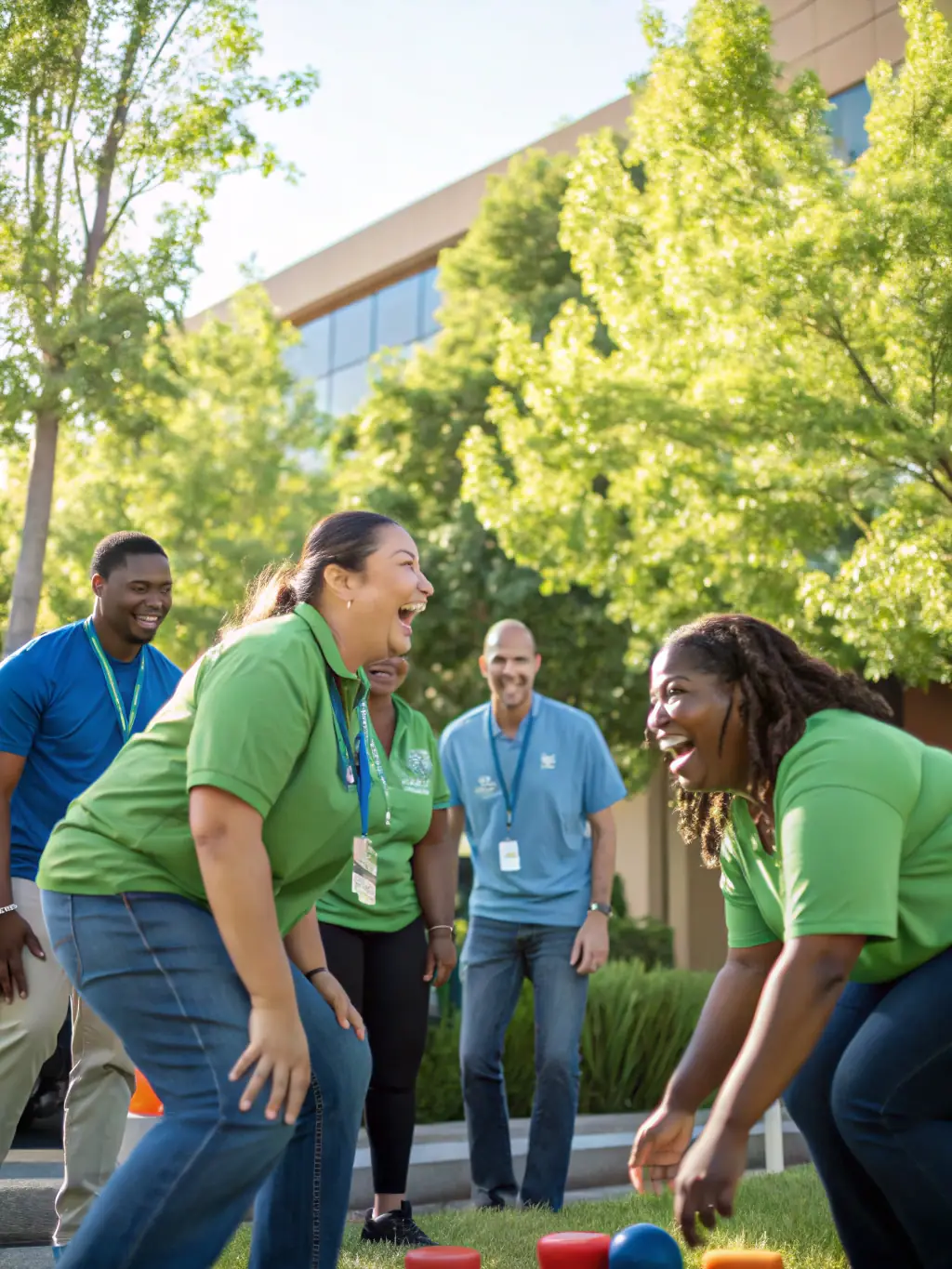 A diverse group of professionals participating in a team-building exercise outdoors, fostering collaboration and innovation.