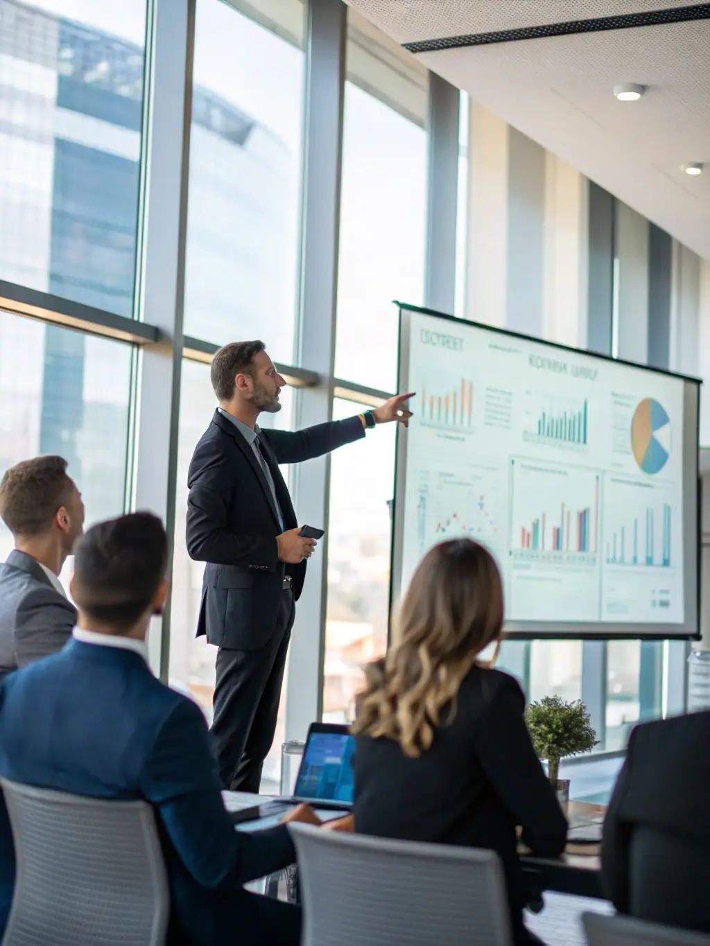 A British business professional confidently presenting to a team, showcasing Overcoat's expertise in the UK market and understanding of local business culture.
