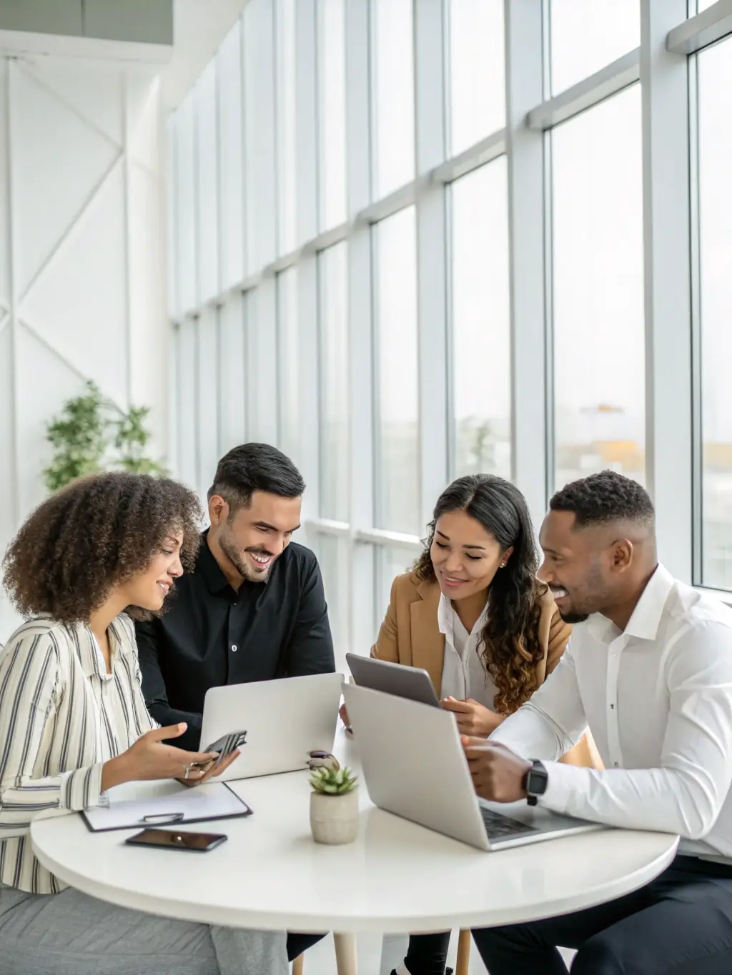 A diverse group of professionals collaborating in a modern office space, symbolizing Overcoat's ability to connect individuals from various industries and backgrounds.